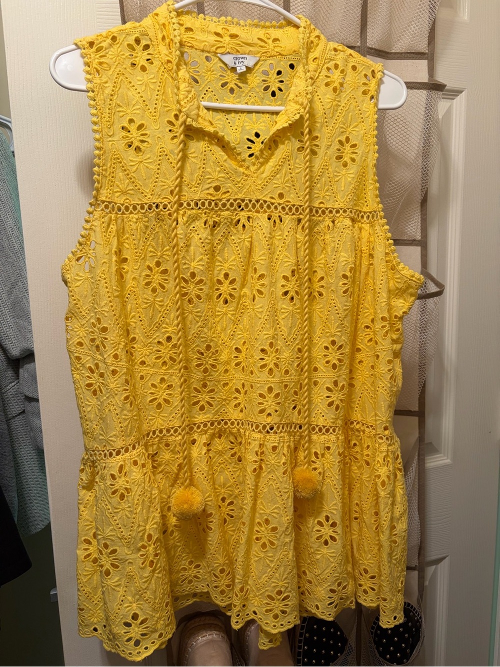 crown & ivy Yellow Eyelet Sleeveless Peplum Top
